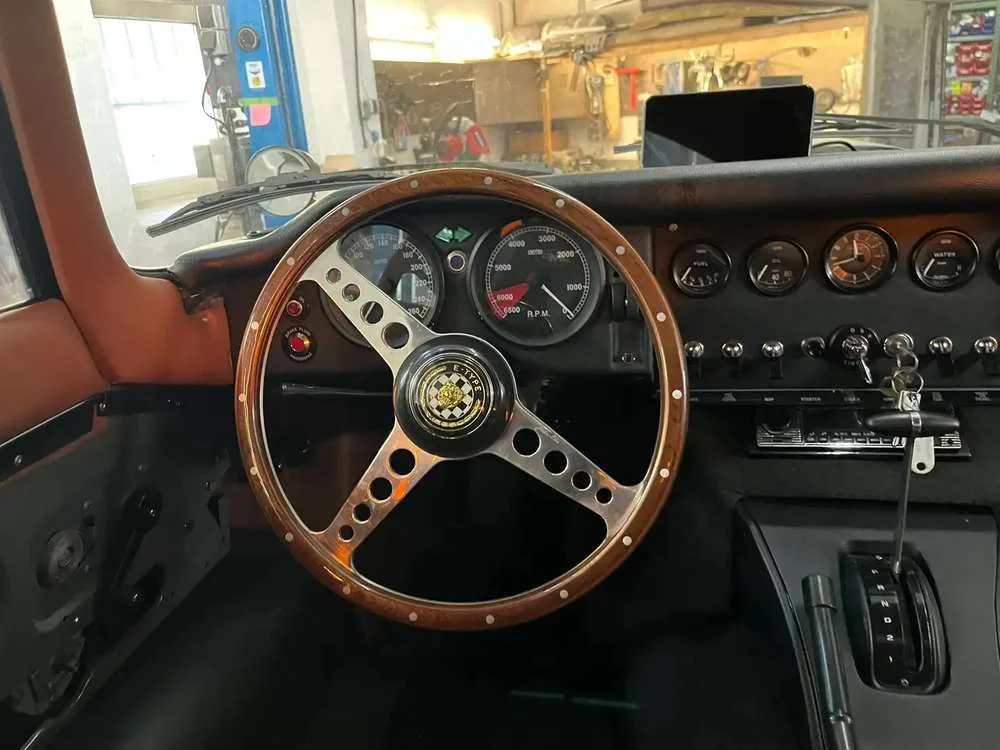Wood-rimmed steering wheel and hand-set instrument dials