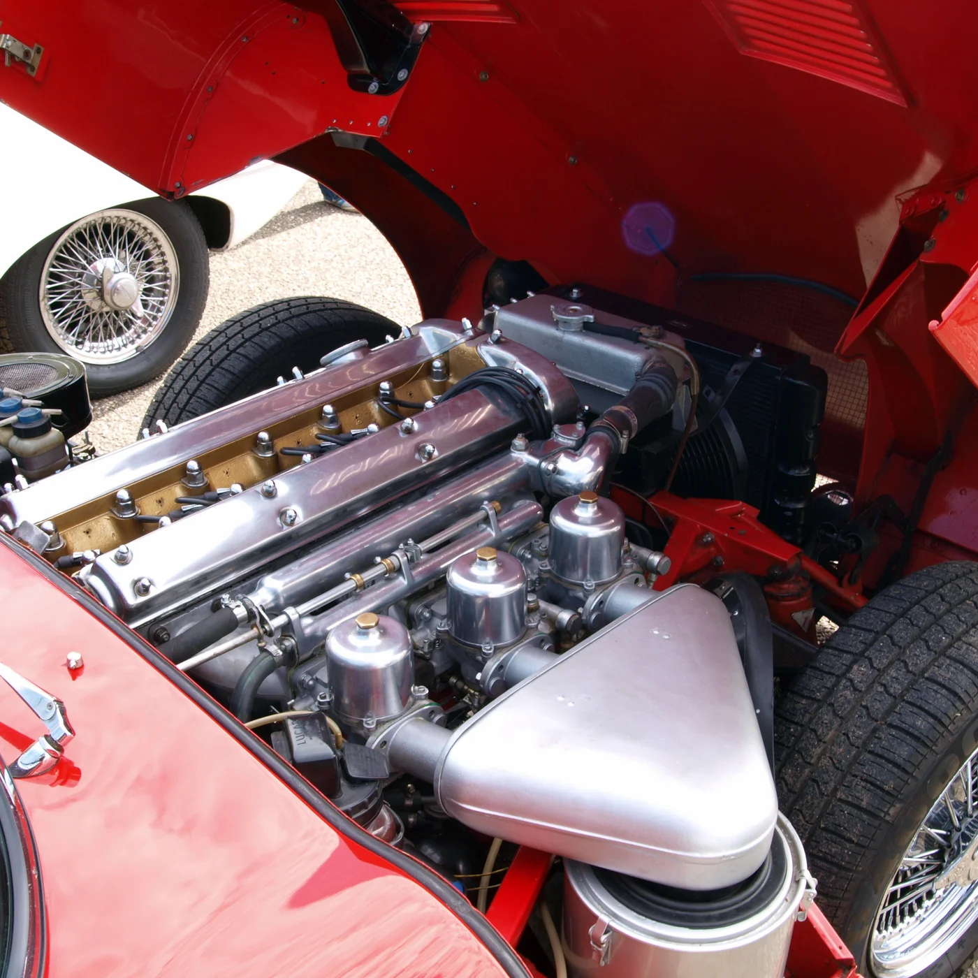 Engine bay of an original Jaguar E-Type, its straight-six fed by triple SU carburettors