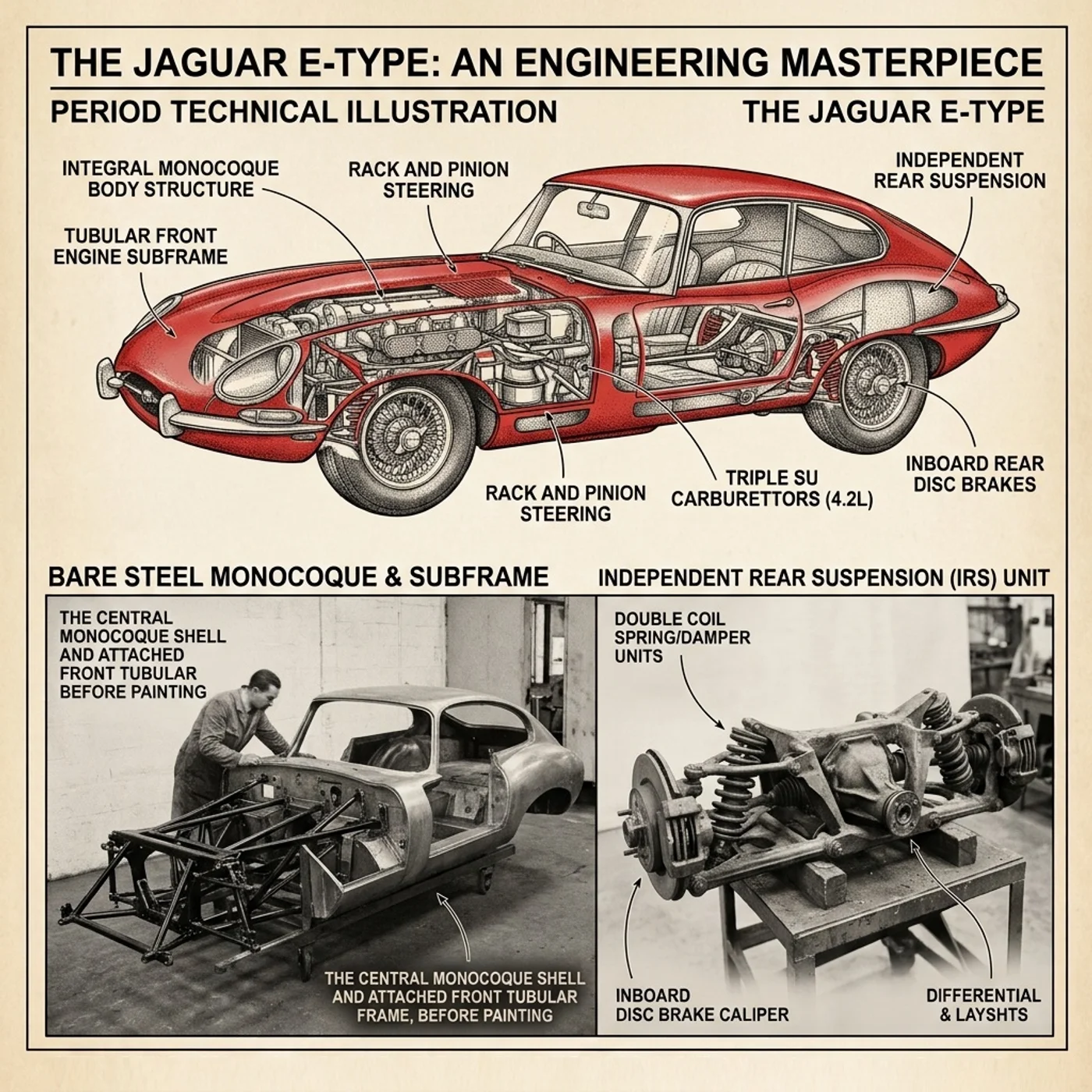 An illustrated diagram of the E-Type's monocoque body, front subframe, suspension and disc brakes, alongside detail studies of a bare chassis and an independent rear suspension unit