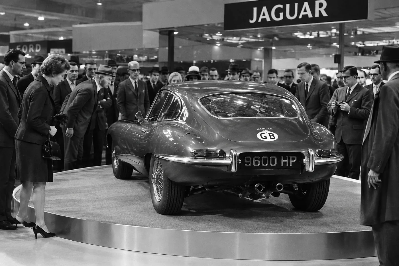 An E-Type coupé on a turntable beneath a Jaguar sign, surrounded by a crowd in 1960s dress