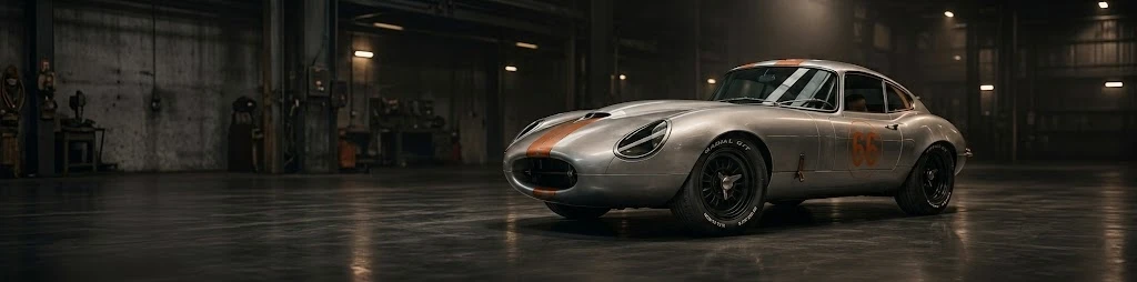 Borrmann E-Type coupé in silver with an orange stripe, standing in the workshop hall