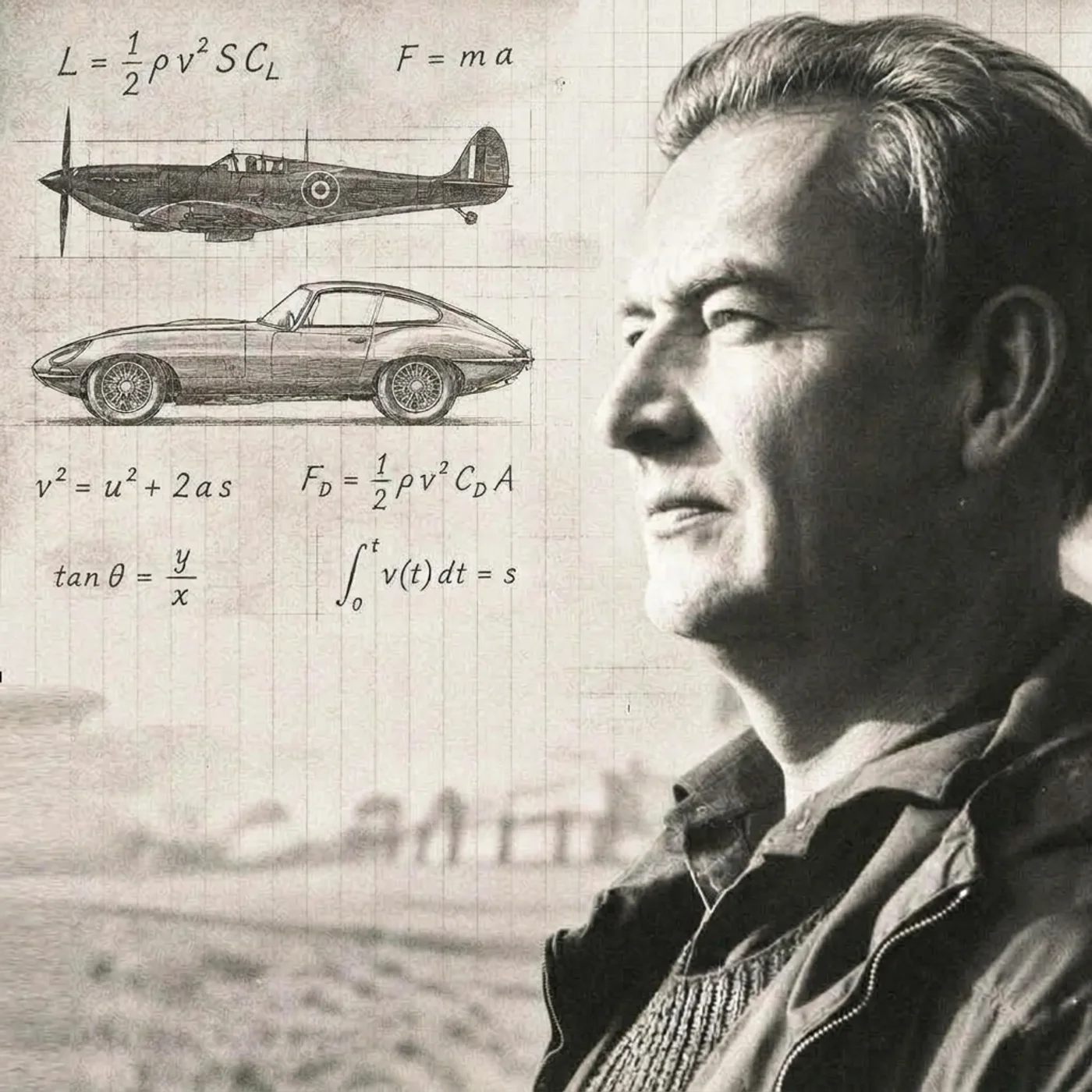 Malcolm Sayer in profile beside line drawings of a Spitfire fighter and the E-Type, with the aerodynamic formulas behind their shared shape